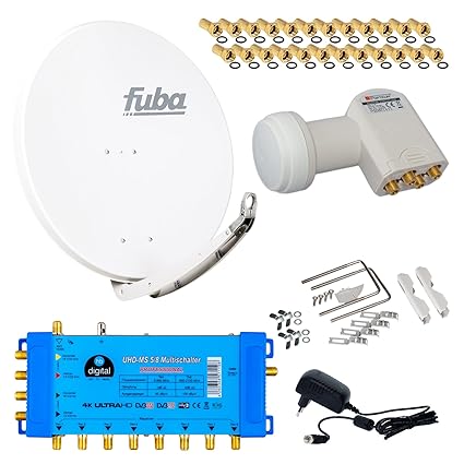 FUBA 8 Teilnehmer Digital SAT Anlage DAA850W + Opticum LNB 0,1dB FULL HDTV 4K + PMSE Multischalter 5/8 + 24 Vergoldete F-Stec