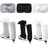 Maiteenly 6 Pack Figure Skating Leg Warmers and Headband Set Winter Zipper Fleece Lined Leg Warmers Socks Twisted Headband for Women Girls Ice Skating