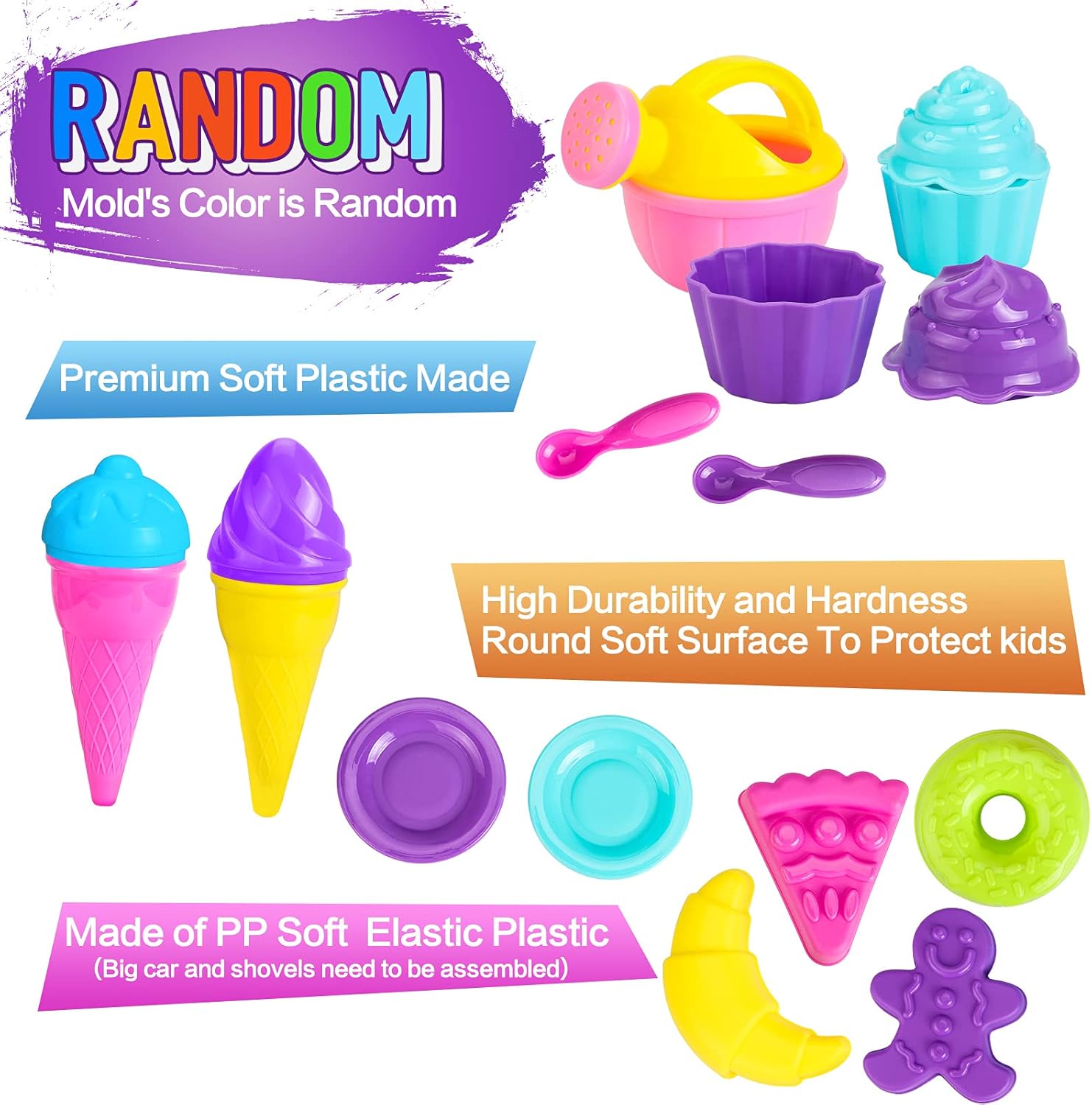RCSPACEX 24 Pcs Beach Sand Toys, Sandbox Pool Bath Toys for Kids Toddlers with Large 9’’ Bucket, Ice Cream Cupcake Mold, Mesh Bag, Watering Can (Random Color): Toys & Games