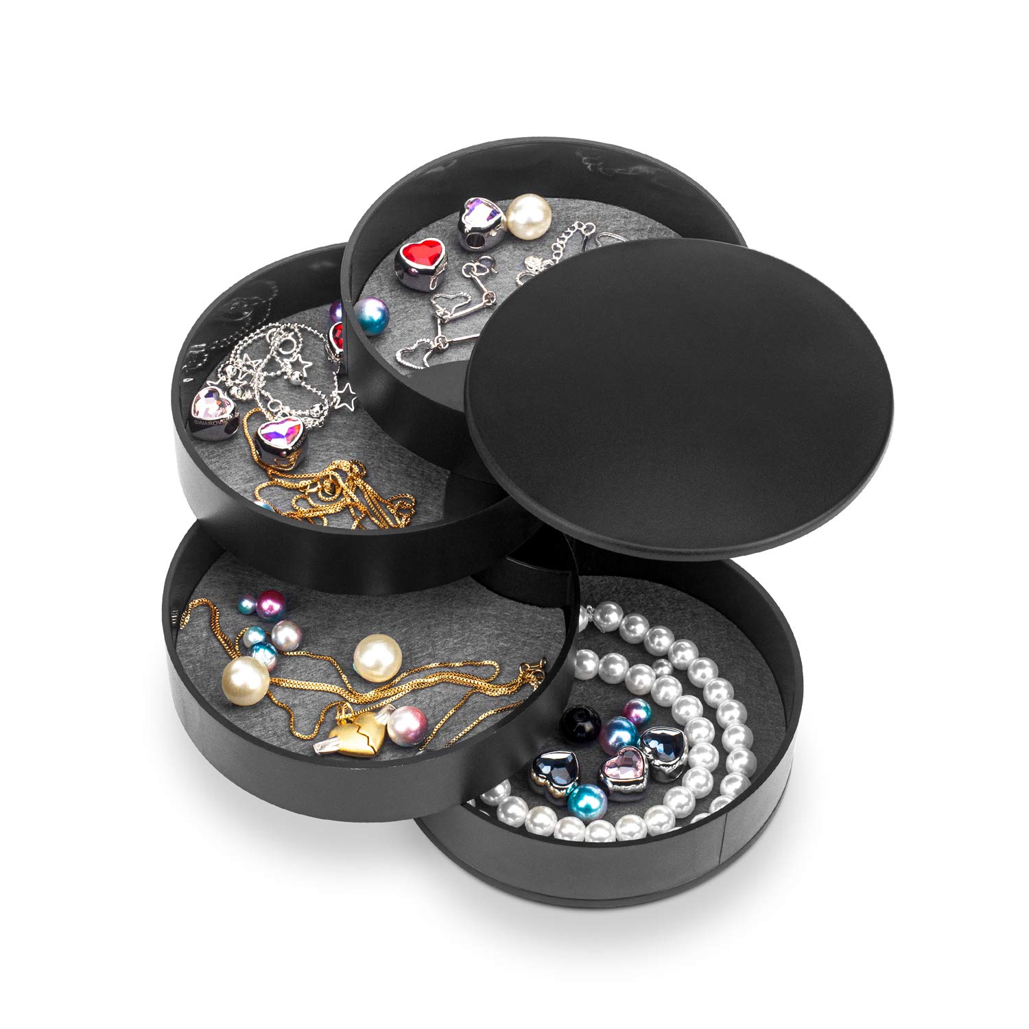 HengLiSam Jewellery Organizer, Small Jewellery Box Earring Holder for Women, Jewellery Storage Box 4-Layer Rotatable Jewellery Accessory Storage Tray with Lid for Rings Bracelets (Black)