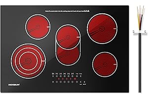 MOOSUM 30-inch Electric Cooktop with 5 Burners & Integrated Griddle - 9 Power Levels for Even, Rapid Heating, Child Safety Lock, Ceramic Glass Surface, 220-240V (No Plug)