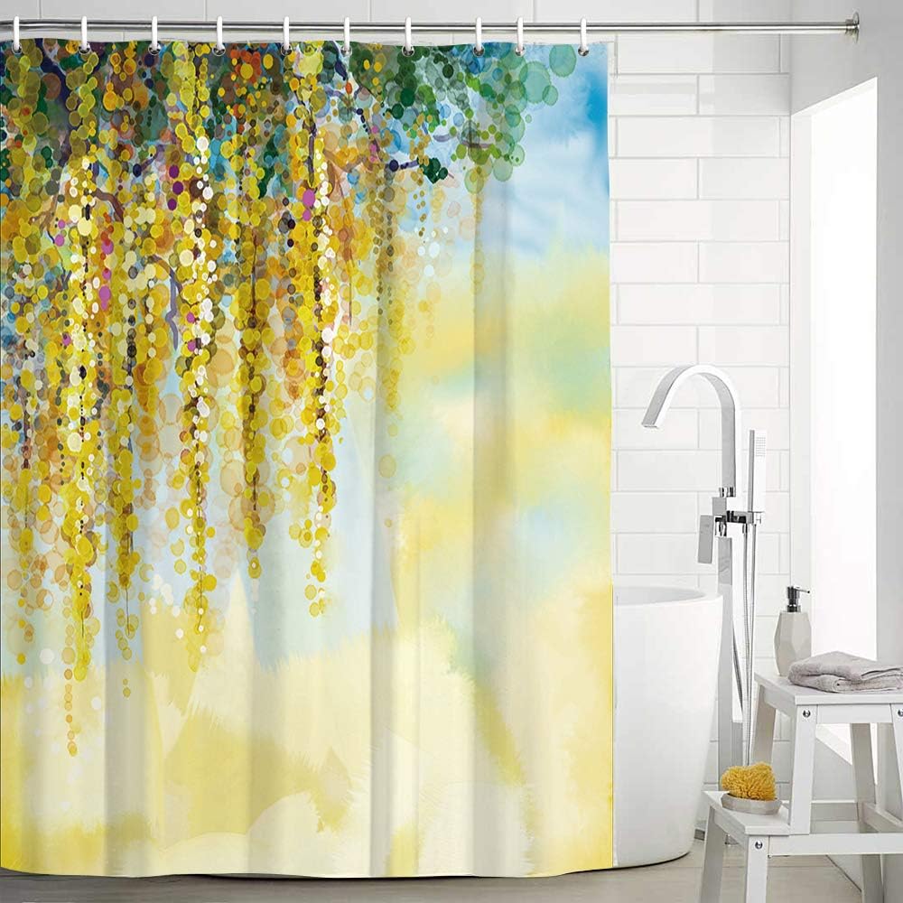 Bathroom Shower Curtains Yellow Flower Vine Shower Curtain with Reinforced Buttonholes Bath Curtain, Durable Fabric Waterproof Bathroom Curtain with 12 Hooks, 70" W × 70" H
