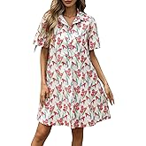 LifeShe Summer Floral Dress Women's Printed Casual Sundress Short Sleeve Button Up Shirt Dresses with Pockets