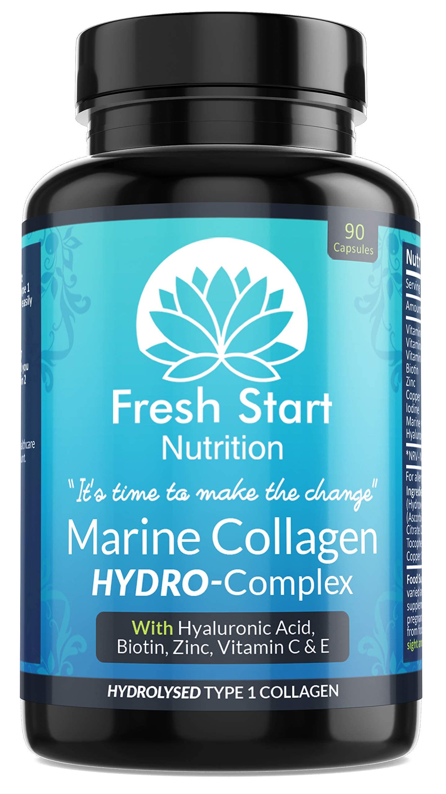 Marine Collagen Tablets 1000mg - 90 Premium Type 1 Hydrolysed Collagen Capsules with Hyaluronic Acid, Vitamin C, E, B2, Biotin, Zinc, Copper and Iodine - Made in The UK by Fresh Start Nutrition