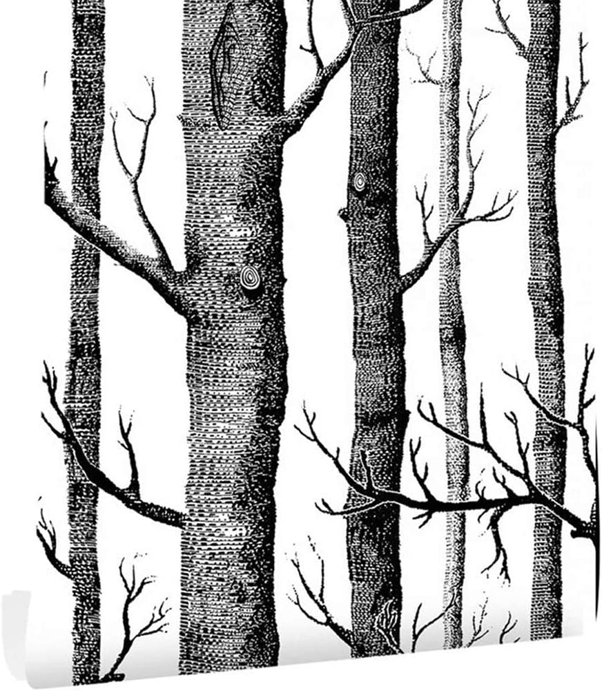 Ohmywor Self Adhesive Wallpaper Birch Tree Wallpaper Peel and Stick Black and White Vinyl Film Roll for Bedroom 45x600CM