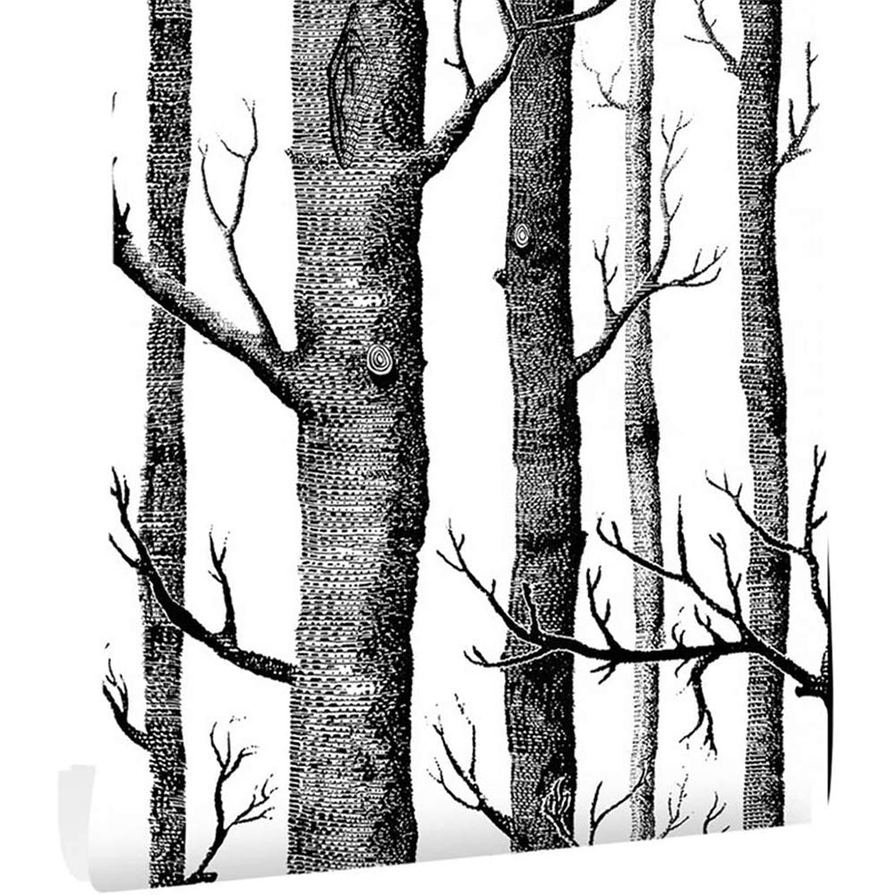 Ohmywor Self Adhesive Wallpaper Birch Tree Wallpaper Peel and Stick Black and White Vinyl Film Roll for Bedroom 45x600CM