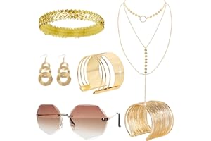 Gvhntk 6 Pieces 70s Gold Disco Accessories Set for Women 1970s Disco Costume Accessory Dangle Earrings Layered Necklace Bangle Bracelets Diamond Glasses Sequin Headband for Party Halloween Cosplay