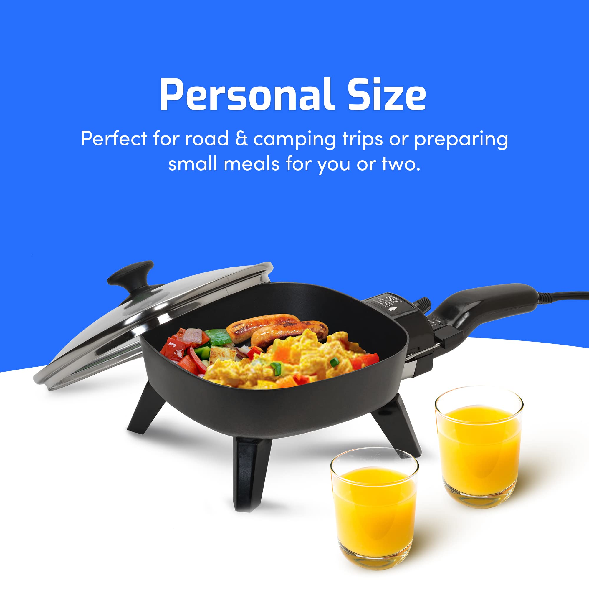 Elite Gourmet EFS-400# Personal Stir Fry Griddle Pan, Rapid Heat Up, 600 Watts Non-stick Electric Skillet with Tempered Glass Lid, Black