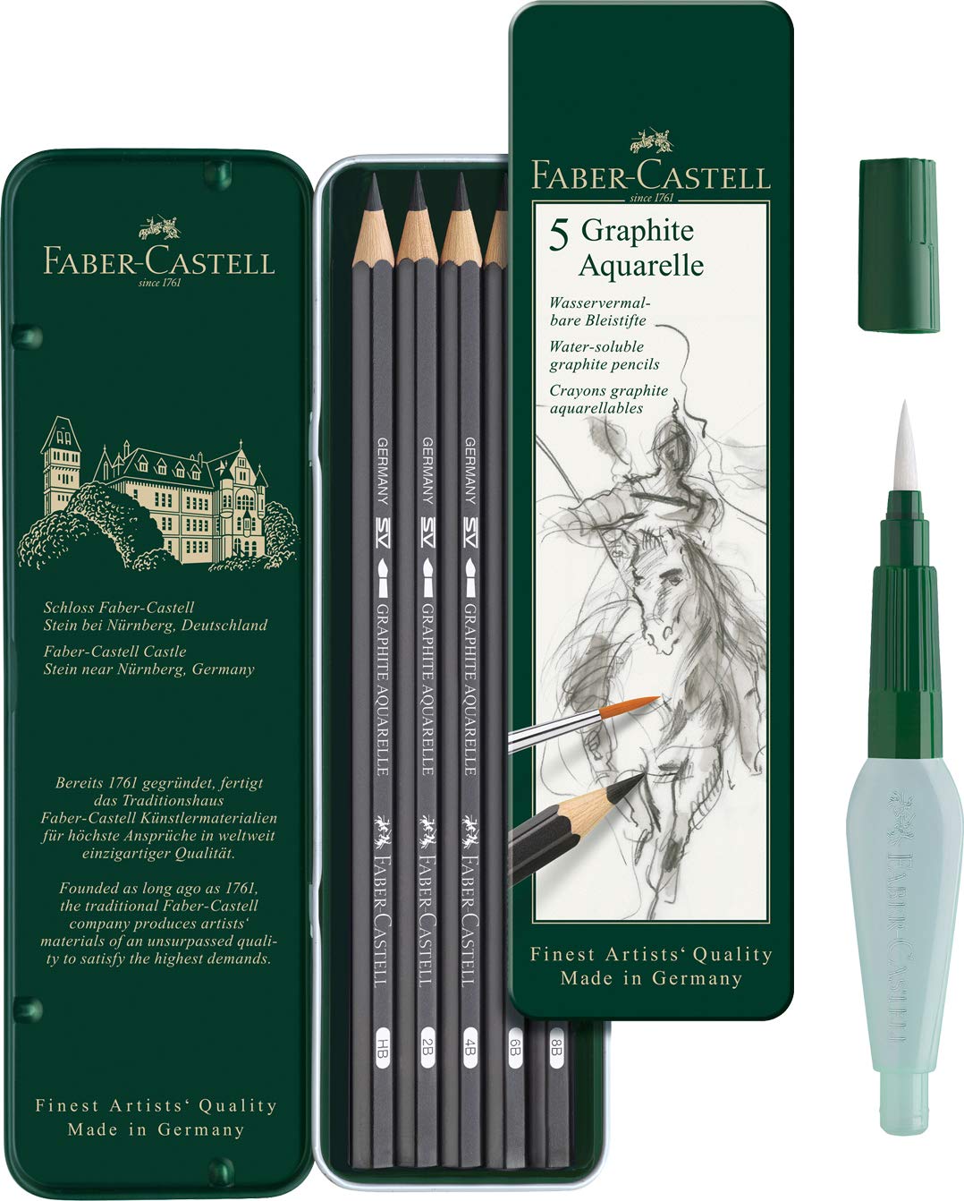 Faber-Castell Art and Graphic (Watercolour Monochrome Set) with Water Tank Brush and Watercolour Pencils Graphite Watercolour, Contents HB, 2B, 4B, 6B, 8B