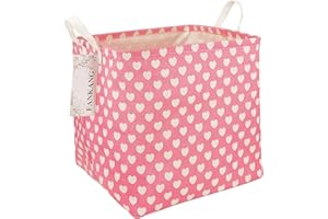 FANKANG Square Nursery Hamper Storage Bins Canvas Laundry Basket Foldable with Waterproof PE Coating Storage Baskets Gift Baskets for Children, Office, Bedroom, Clothes（Square-Pink Heart ）