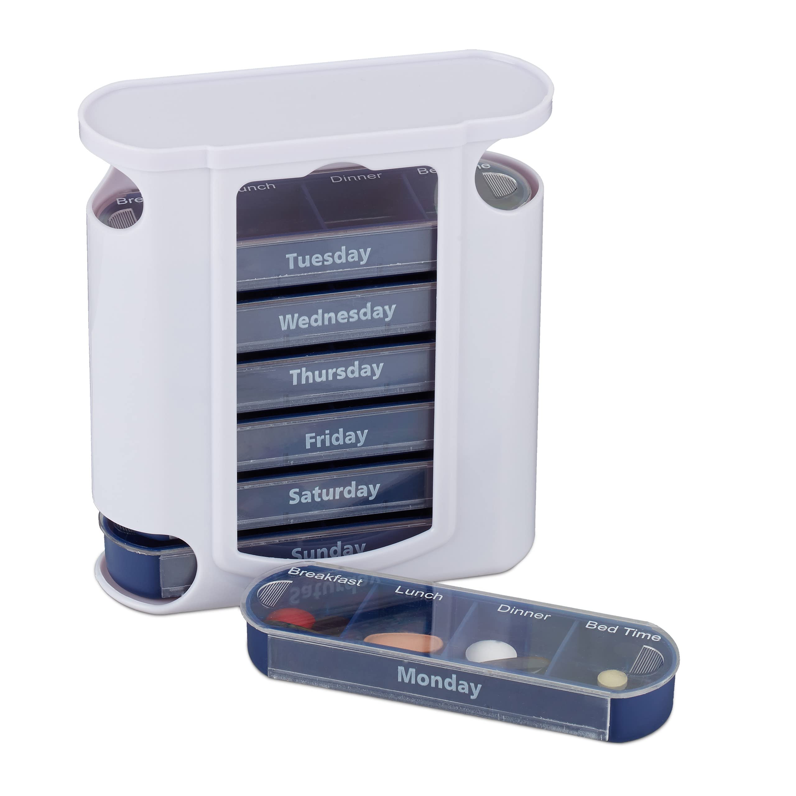 Relaxdays 7-Day Pill Tower, Weekly Medicine Boxes, 4 Compartments, Sliding Lids, White-Blue