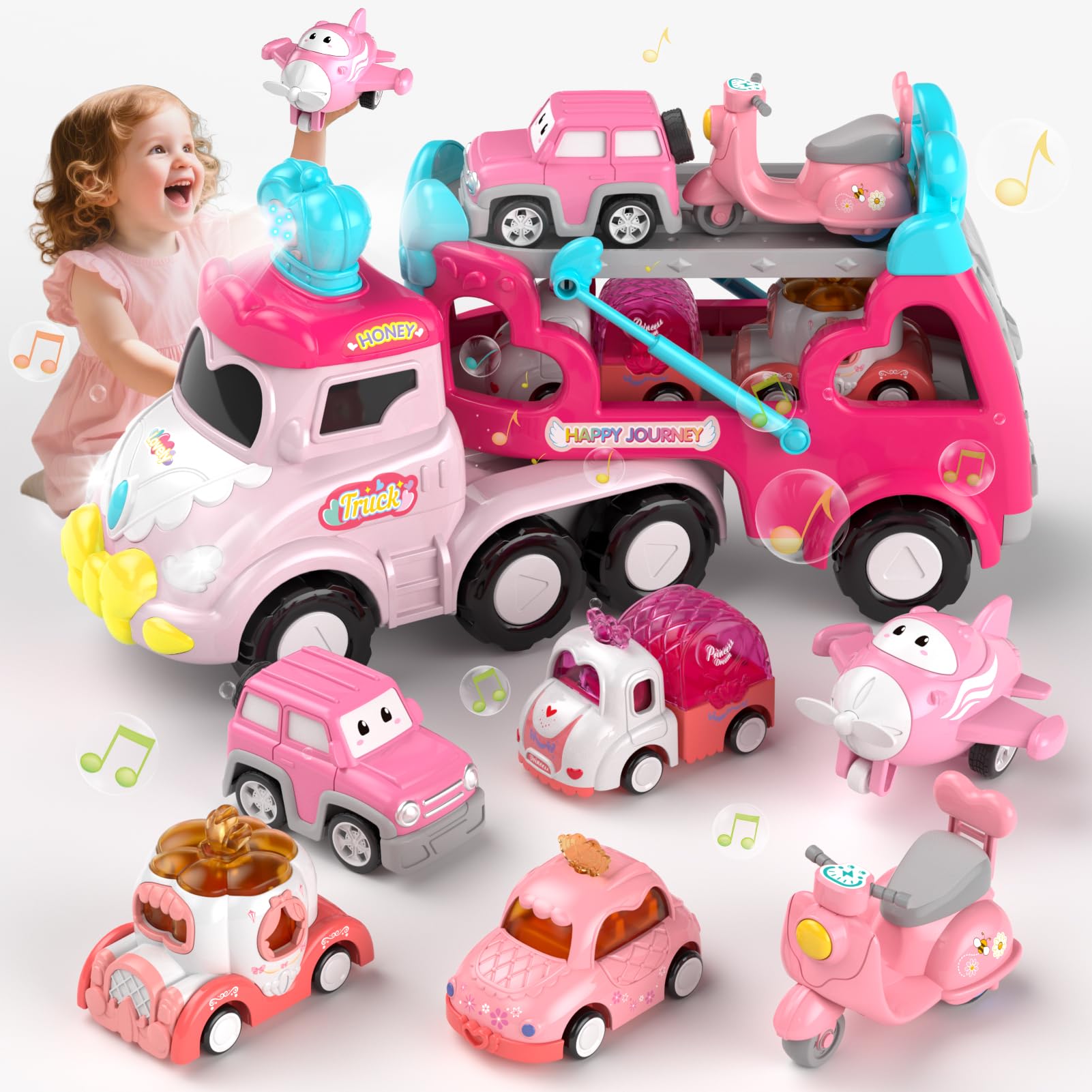 usrela Truck Toys for 2 3 Year Old Girls, 7-in-1 Carrier Truck Car for Toddler Girl, Cars Toys Age 2-4 with Light & Music, Birthday Gifts for 2+ 3+ Year Old Girl