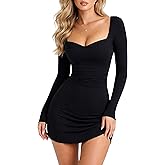 BEAGIMEG Women's Sexy Bodycon Long Sleeves A-line Sweetheart Neck Ruched Club Party Mini Dress