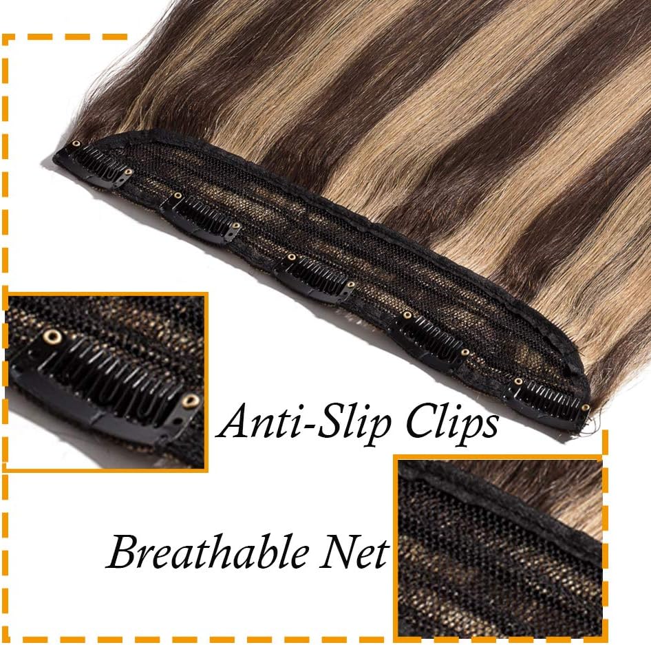 Silk-co One Piece Clip on Hair Extensions Seamless Clip in Hair Extension Human Hair Highlighted 3/4 Half Head Real Remy Hair (16 inch-45 grams - Image 4