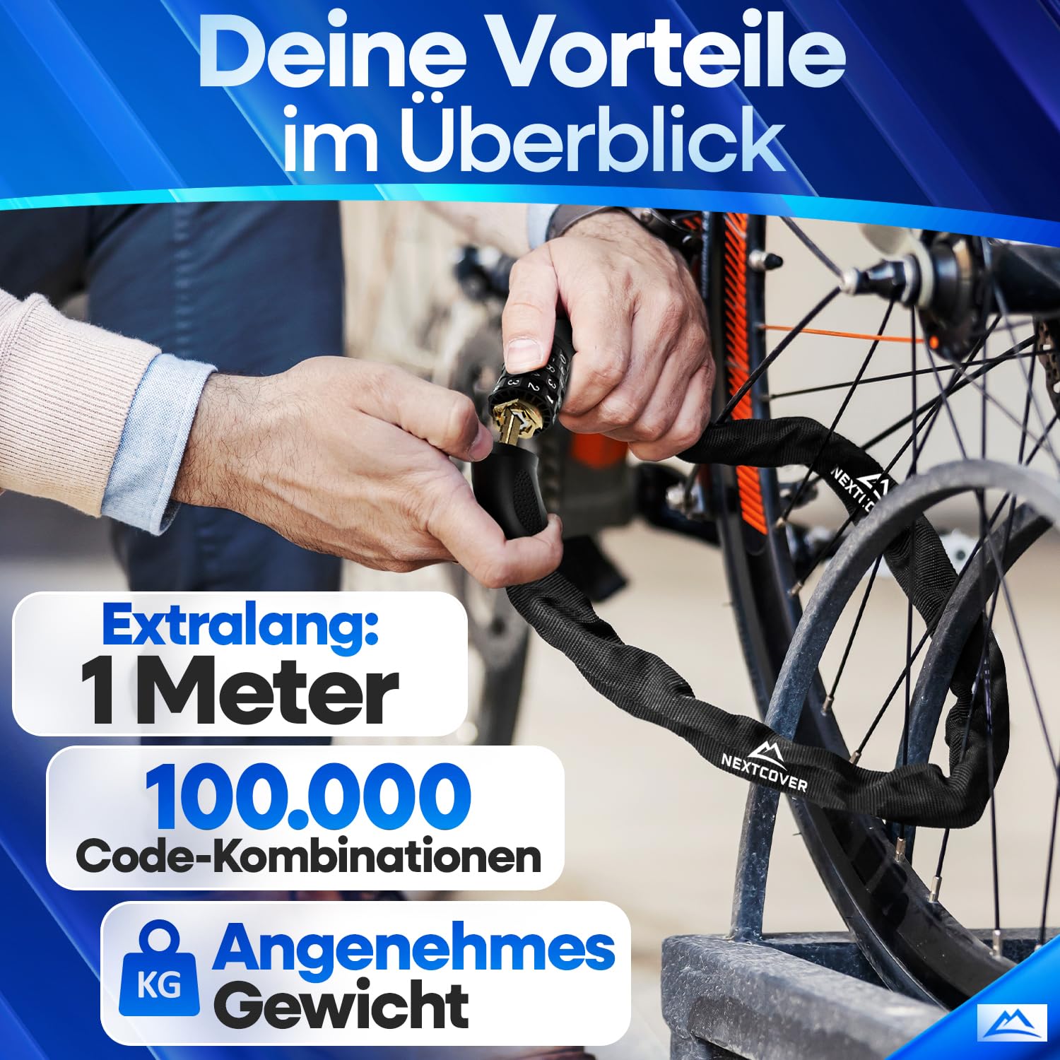 NEXTCOVER® Fahrradschloss mit Zahlencode LockPro - Das Original - [SAFESECURE] hohe Sicherheit I 5- stelliger Zahlencode, Zahlenschloss Fahrrad Stahl I Bike Lock für E-Bike I Kettenschloss 5