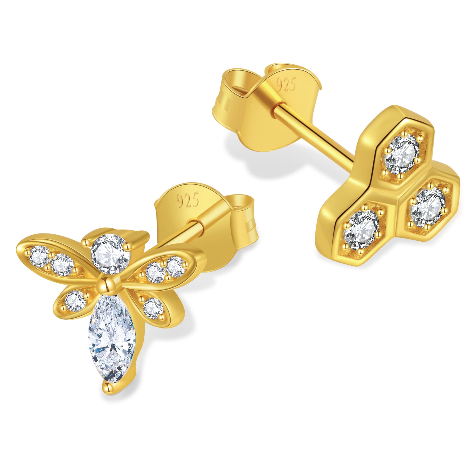 Chic Bijoux Bee Earrings for Women – With Round Cubic Zirconia stones and 925 Sterling Silver – Gift for Her Birthday, Yellow Gold Jewelry (Bee and Honeycomb)