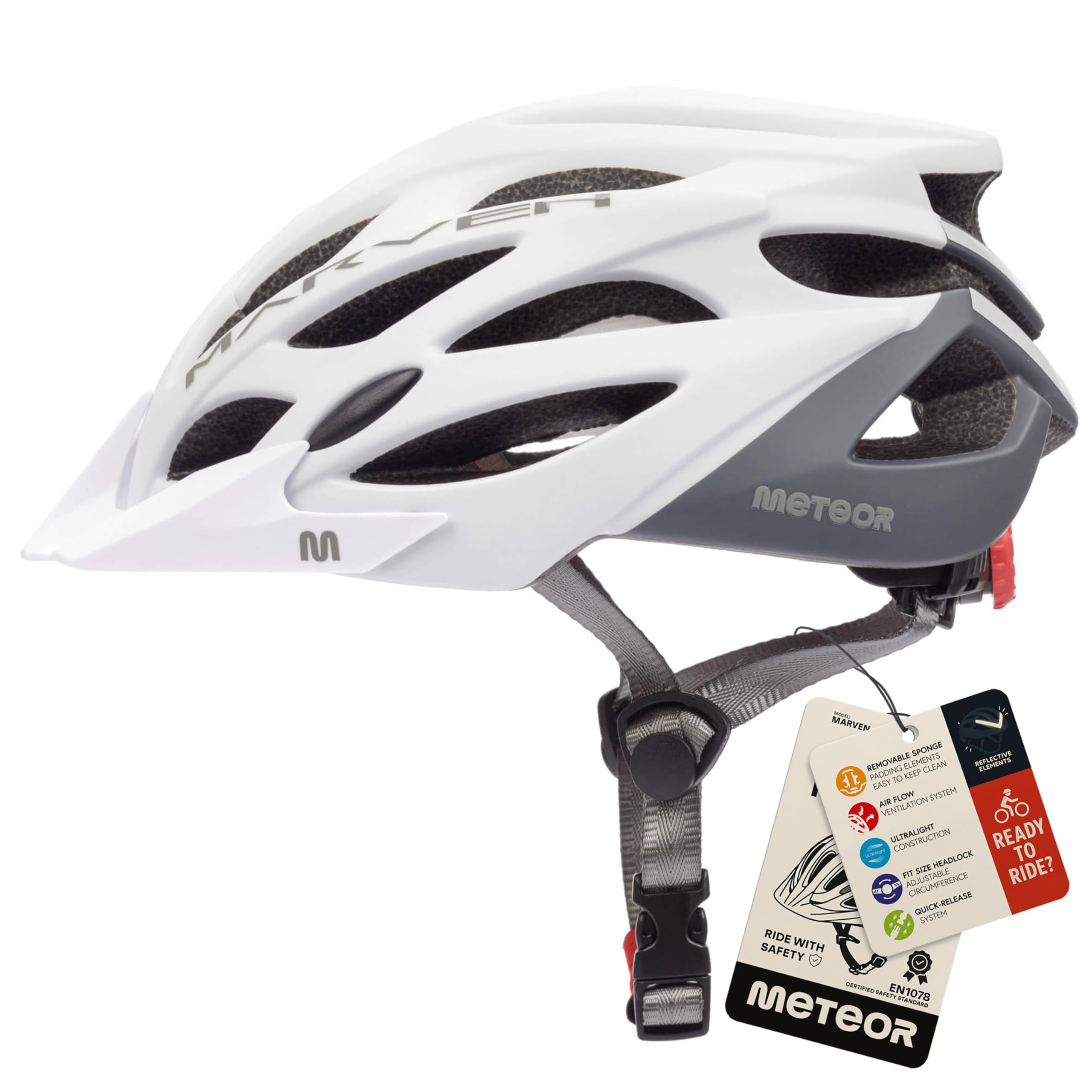 Meteor - Marven Cycle Helmet – Lightweight Adjustable Helmet for Men, Women, Kids – MTB, Bike, Scooter, Skateboard & Hoverboard – Breathable with Detachable Visor - Size S - White/Grey
