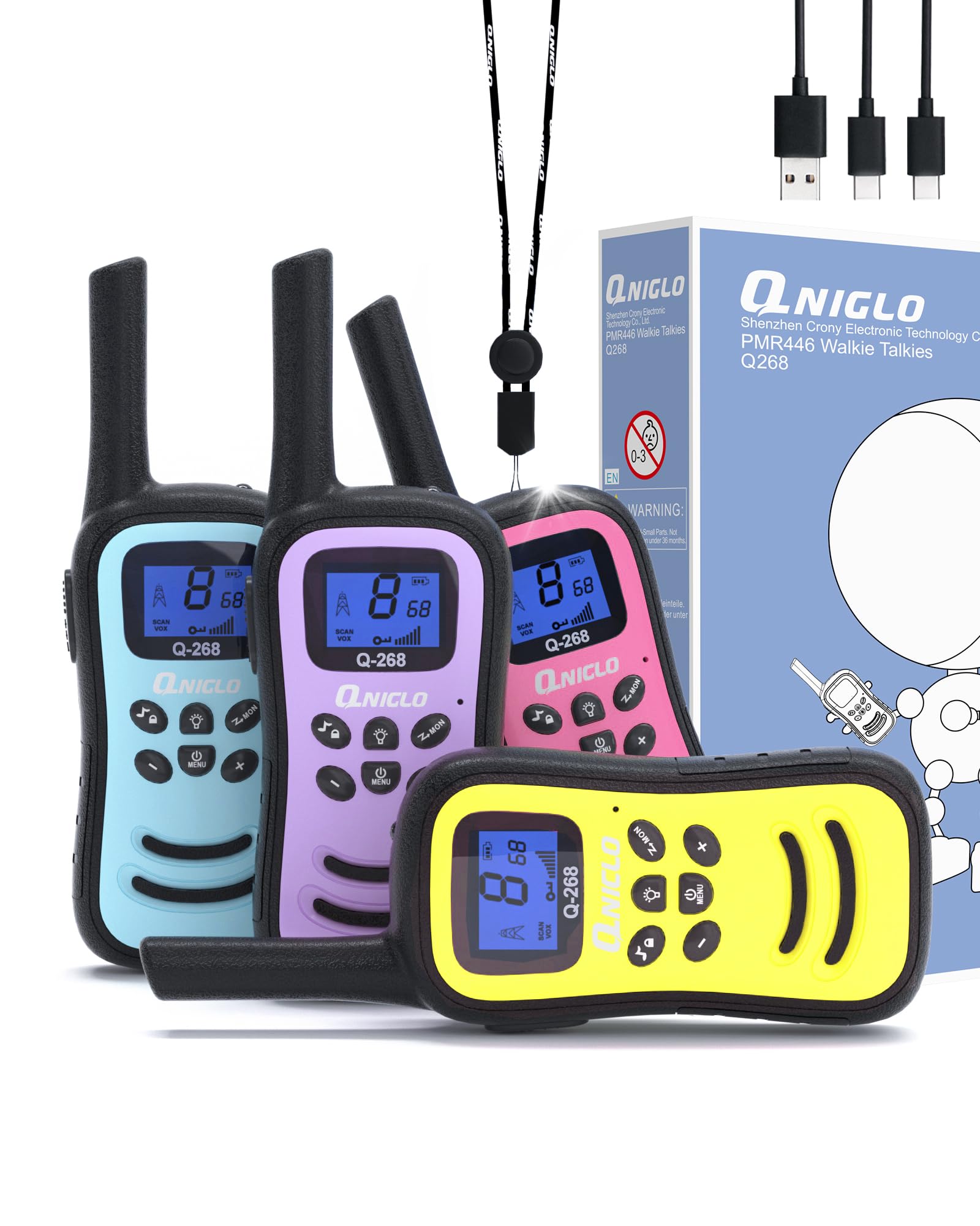 QNIGLO 4 Pieces Rechargeable Walkie Talkie Talkie, 8 Channel Long Range 2 Way Radio with Vox Function, Flashlight Gift for Girls Boys Aged 3-12 Years (Pink Blue Purple Yellow)
