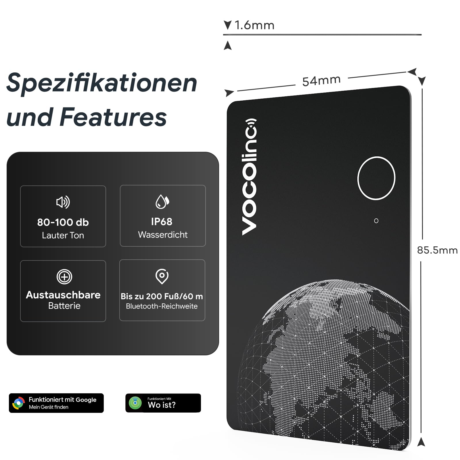 VOCOlinc Air Tag Alternative Karte Kompatibel mit Apple Wo Ist & Android Google Mein Gerät Finden APP, Bluetooth Wiederaufladbar Wallet Tracker Card Ultra Slim für Geldbeutel/Gepäck/Taschen/Koffer 9