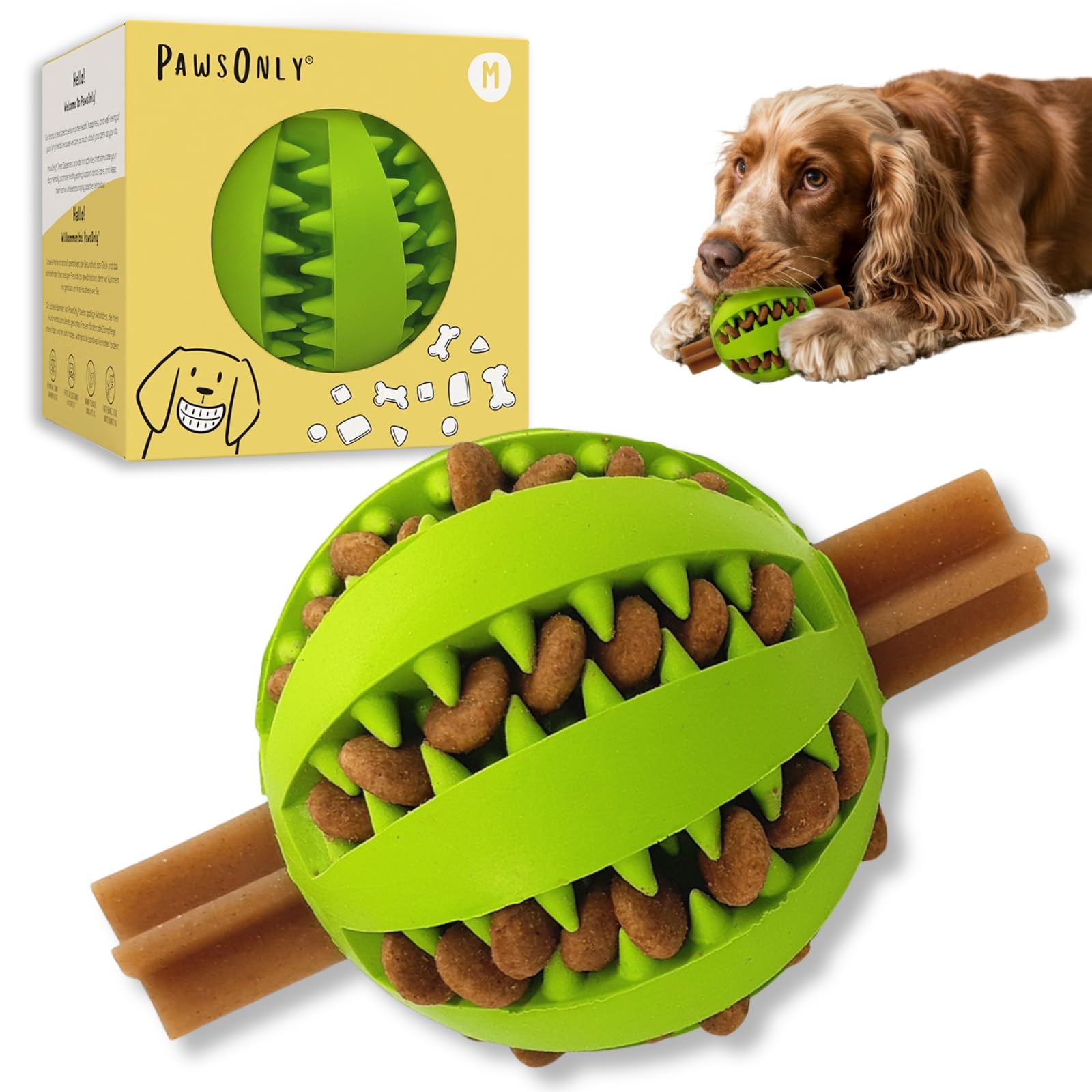 PawsOnly | Dog Treat Ball Dispenser | Interactive Toy for Boredom | Enrichment & Mental Stimulation | Safe Rubber Feeder | Puppy Challenging Activity (Medium 7cm/2.75in, GREEN, 1 Pack)