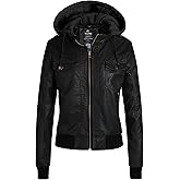 wantdo Women's Lightweight Leather Jacket Casual Motorcycle PU Biker Coat with Removable Hood