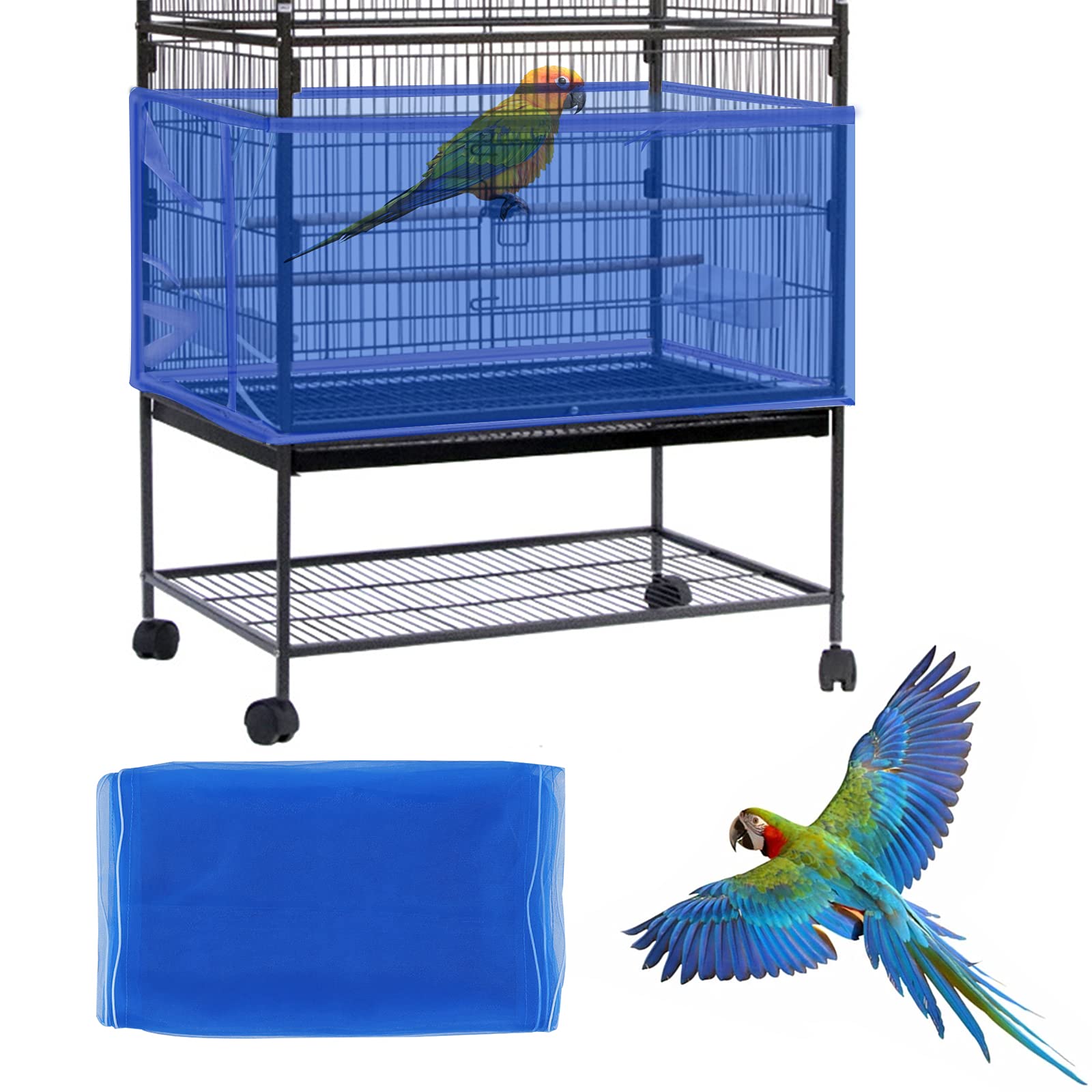 Daoeny Bird Cage Cover, Adjustable Soft Airy Nylon Mesh Net, Parrot Parakeet Macaw African Round Square Cages (Blue)
