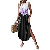 Zeagoo Women Floral Summer Casual Beach Printed Tank Dress with Pockets Pleated Front Long Dress