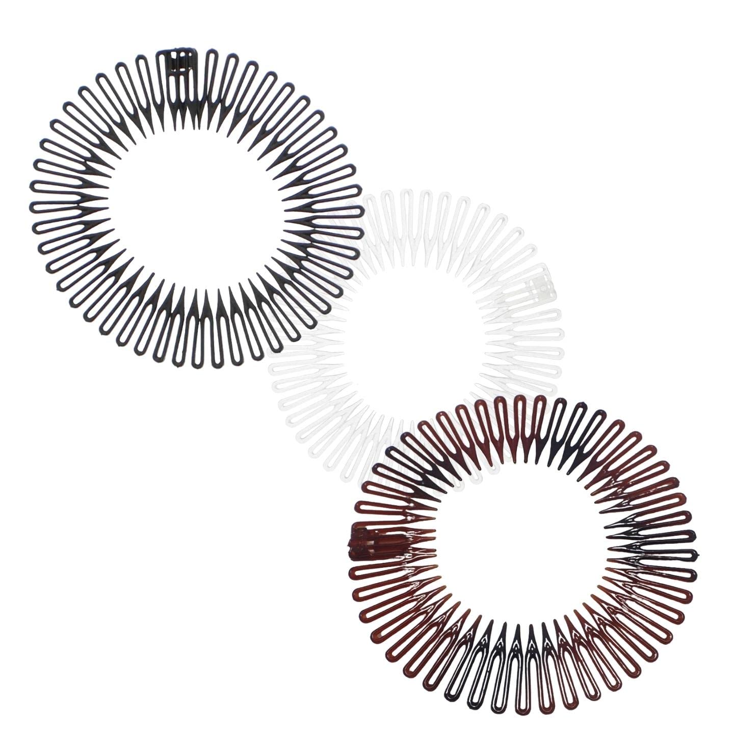 Topkids Accessories Flexi Comb Flexiband Headband - Set of 3 - Anti Snap, Durable Spider Hairband Grip Circle Headbands Zig-zag Headband Stretch Hair Comb (Black, Clear, Tort Brown)