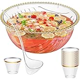 NiHome Large Plastic Punch Bowl with Ladle and 25 Gold-Rimmed Cups for Wedding, Birthday, BBQ, Baby Shower, Holiday, 1.7 Gallon Reusable Clear Party Bowl Set for Drinks, Salads, Snacks & More