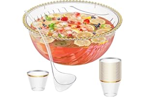 NiHome Large Plastic Punch Bowl with Ladle, Tongs and 25 Gold-Rimmed Cups for Wedding, Birthday, BBQ, Baby Shower, Holiday, 1
