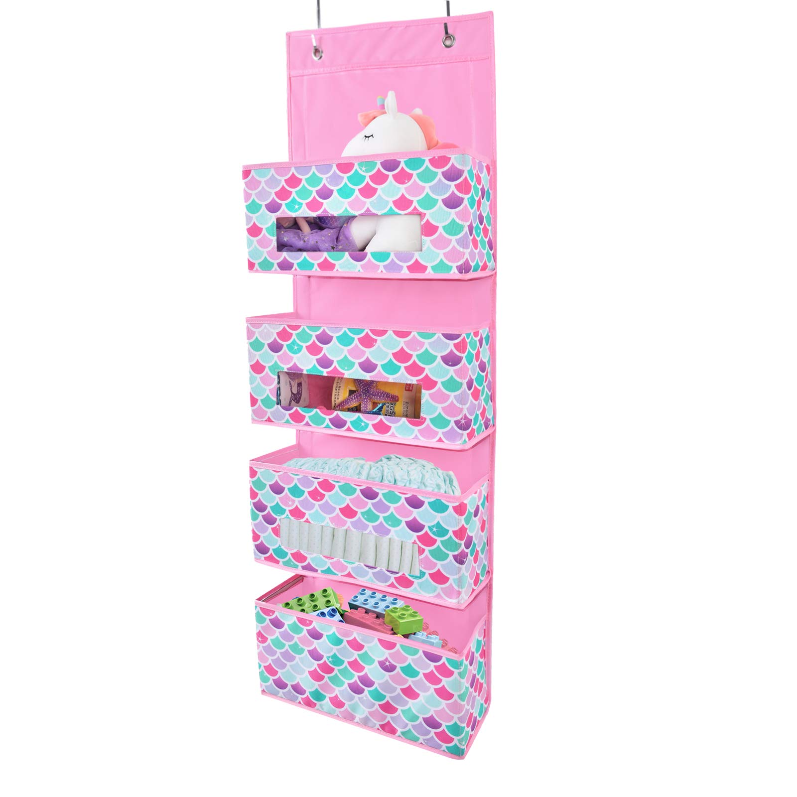 WERNNSAI Mermaid Over the Door Hanging Organizer - 4 Clear Window Pockets Closet Diaper Behind Door Hanging Storage Hanger for Kids Baby Girls Bedroom Nursery Wall Organizer Decor