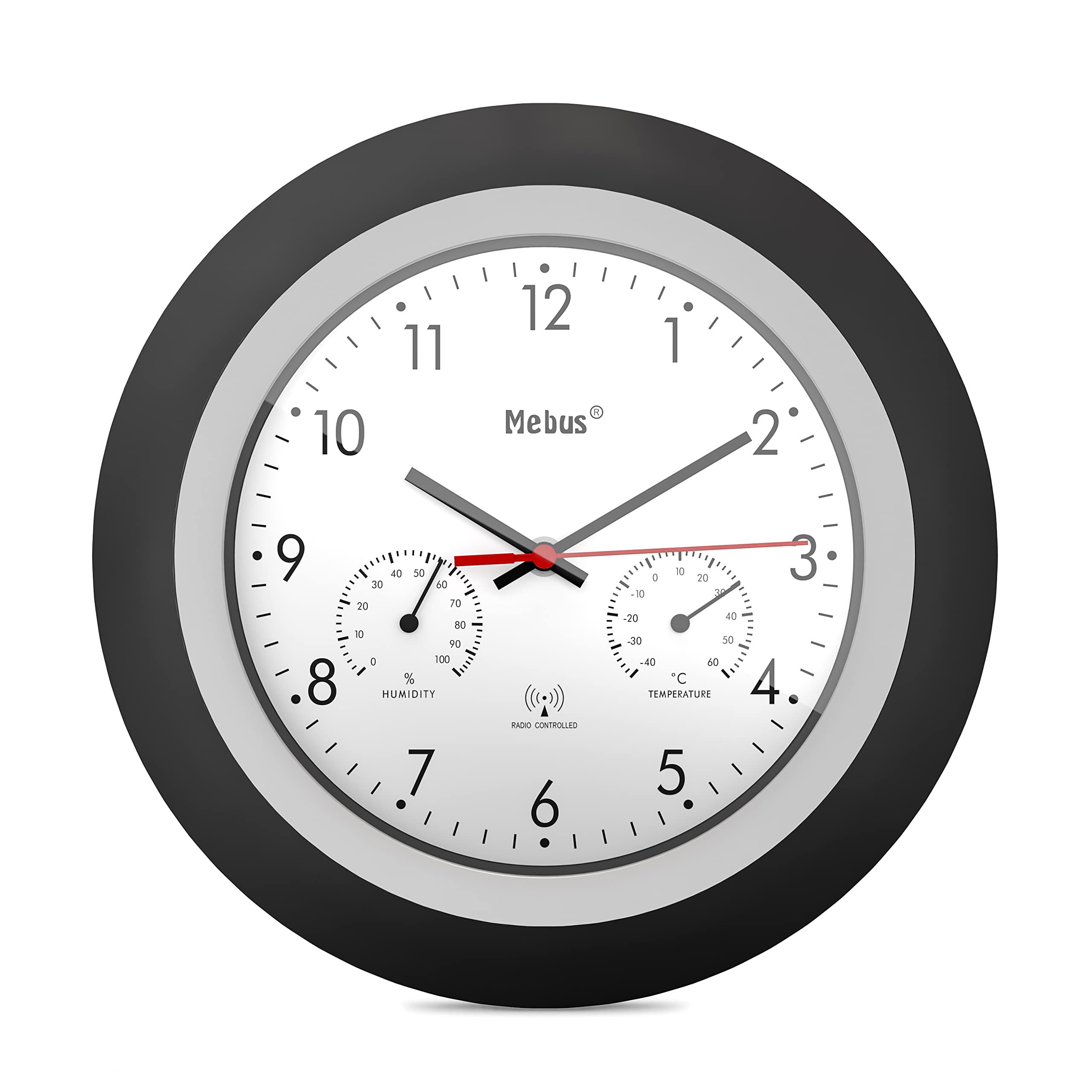 Mebus Radio-Controlled Wall Clock with Thermometer and Hygrometer/Black Frame/White Dial / 29 cm Diameter/Round/Model: 19449 / Colour: Black, White