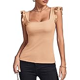 LYANER Women's Square Neck Ruffle Cap Sleeve Ribbed Knit Solid Slim Fit Tee Top