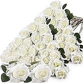Jexine 60 PCS Artificial Roses Bulk Silk Flowers with Long Stems, Realistic Faux Rose Bouquet for Wedding Centerpieces, Valentine’s Party, Home Decor(White)