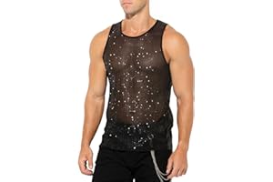 Arjen Kroos Men's Sexy Sparkly Tank Top See-Through Mesh Sequin Disco Vest