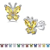 Bestyle Sterling Silver Butterfly Earrings for Women, Dainty Cute Birthstone Studs Hypoallergenic Jewelry, Great Birthday Gift