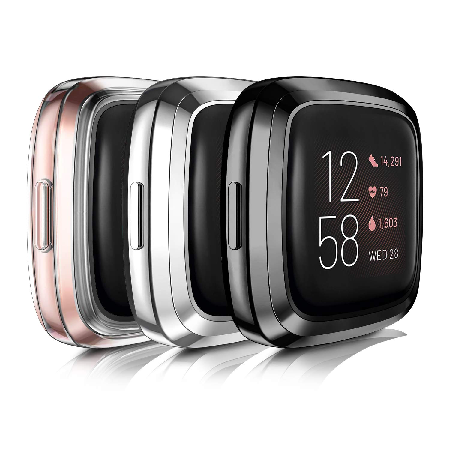 [3 Pack] Case Compatible with Fitbit Versa 2 Screen Protector Soft TPU Full Protective Case Cover Scratch-Proof Bumper for Versa 2 Only (Black/Silver/Clear)