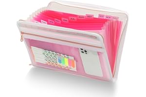 H4D 13 Pocket Expanding File Folder Organizer with Front Clear Pounch, Accordion File Organizer with Zipper Clourse, Fit for Letter Size Papers, Pink