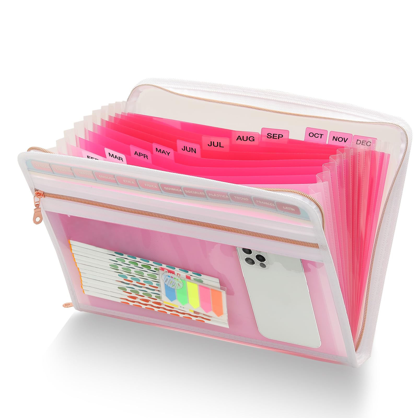 Photo 1 of H4D 13 Pocket Expanding File Folder Organizer with Front Clear Pounch, Accordion File Organizer with Zipper Clourse, Fit for Letter Size Papers, Pink