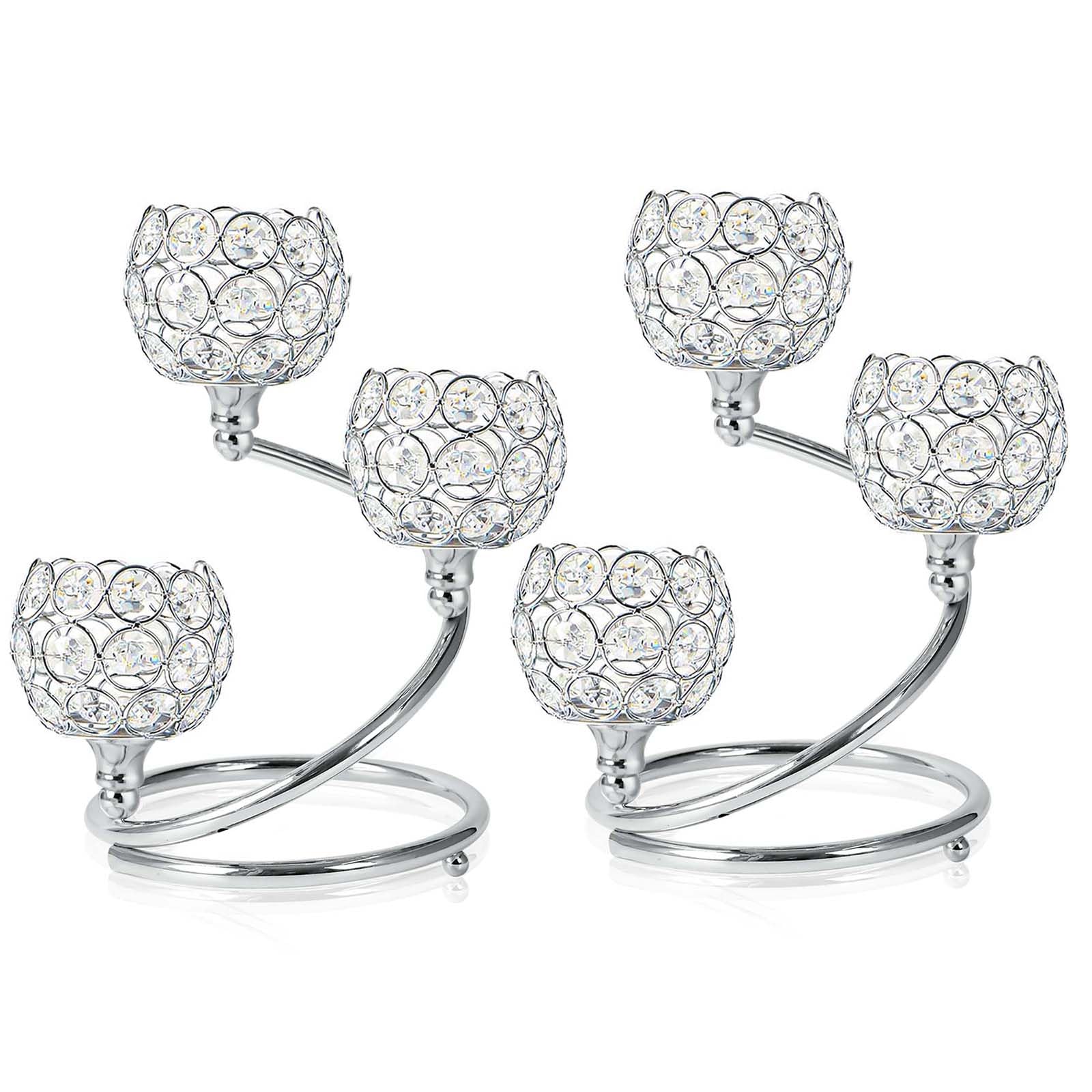 Photo 1 of KEHAIL Metal Crystal Candle Holder Set of 3 - Elegant 5-Arm Metal Tea Light Centerpiece with Shining Crystal Bowl, Wedding Anniversary Table Decor for Dining, Party (Silver, 2 Pcs 3 Arm)