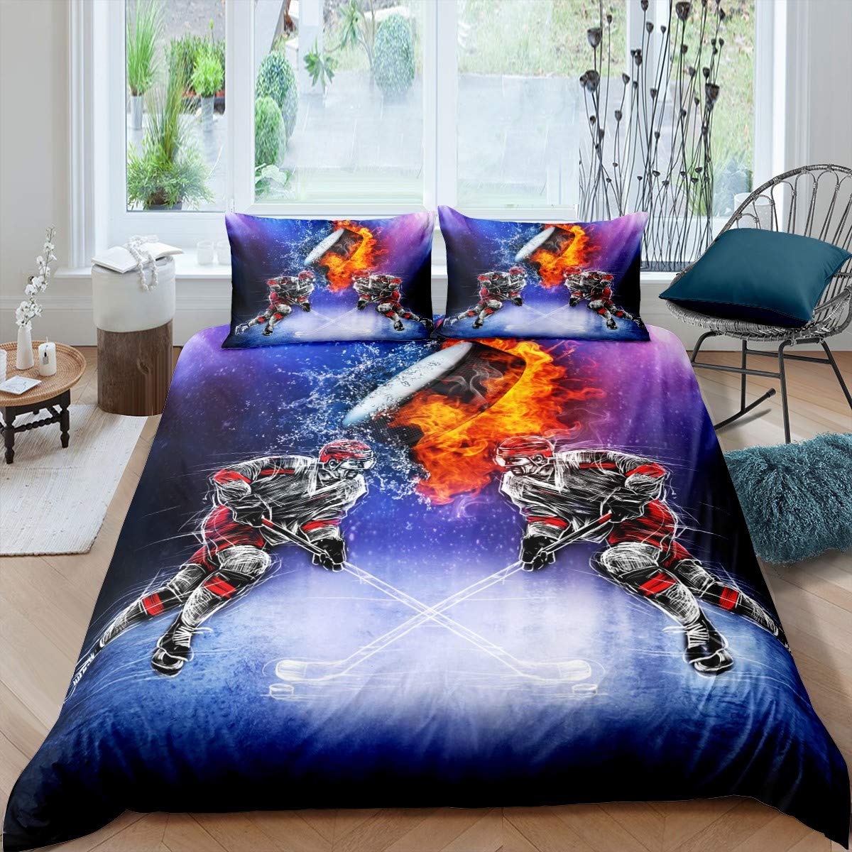 Ice Hockey Duvet Cover Hockey Sports Theme Comforter Cover For Kids Adults Boys Chic Winter Competitive Games Bedding Set 3D Ball Pattern Bedspread Cover Room Decor Single Size Bedclothes Zipper