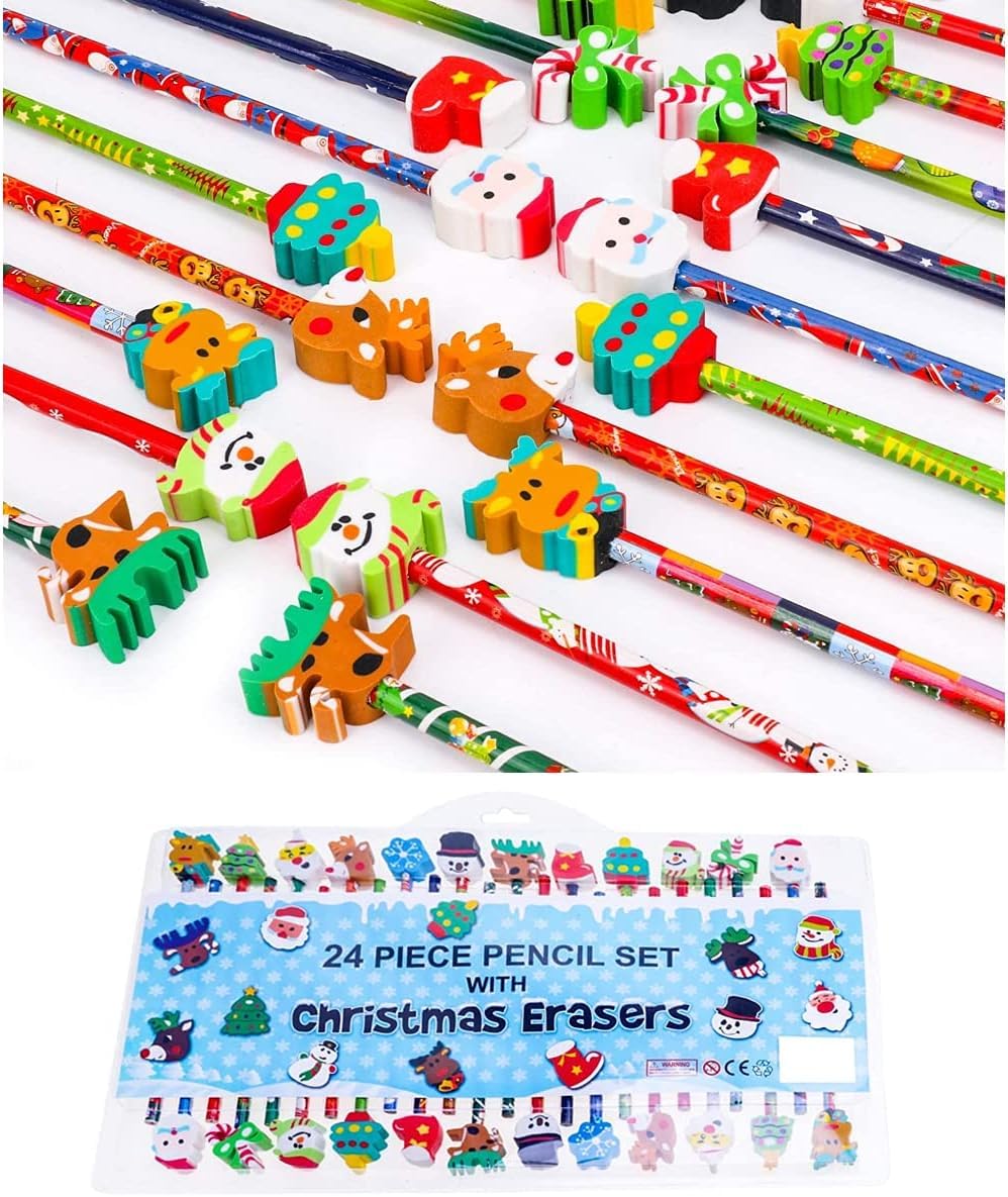Almineez Set of 24 Pencils Christmas Theme Festive Kids Stationary Tools Colour Pencil With Eraser Topper & Sharpeners for School Xmas Party Stocking Fillers Novelty Gift