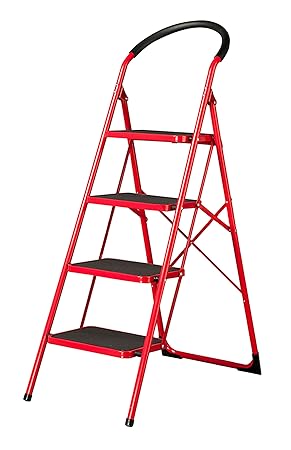 Multi-Function Folding Portable Ladder Household Heavy Duty Thicken Wide Pedal Iron Material Non-Slip Iron Stepladder Ladder Red Folding Step Ladder with Handgrip