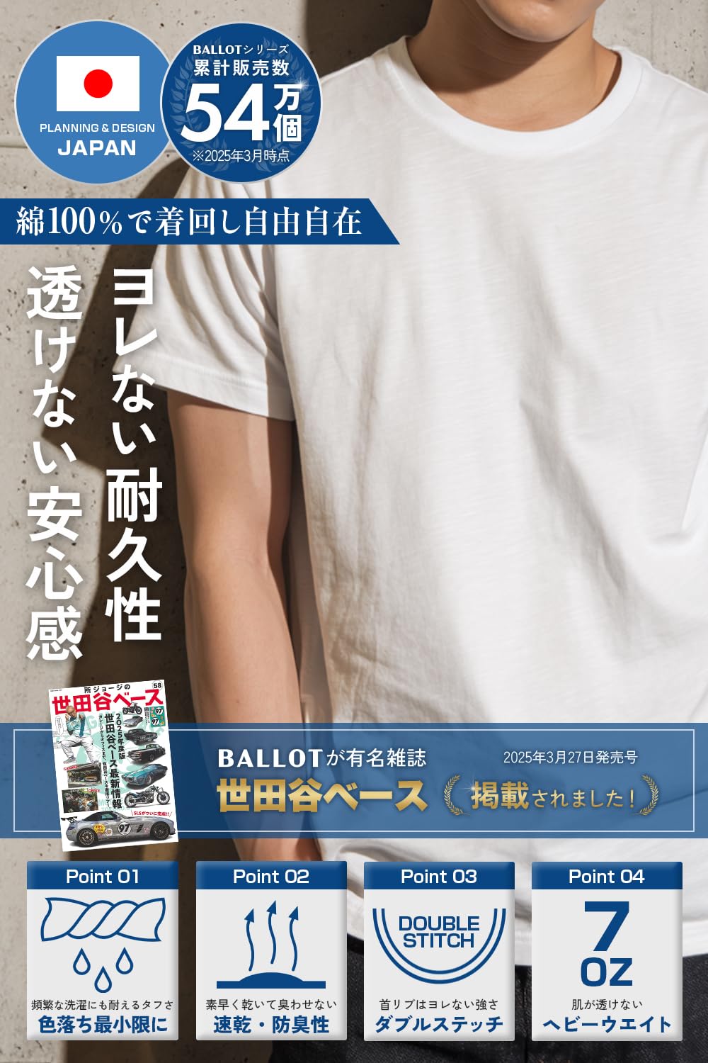 BALLOT(バロット) Men's Short Sleeve T-Shirt, Plain, Thick Fabric, Heavy Weight, 100% Cotton, Set of 3