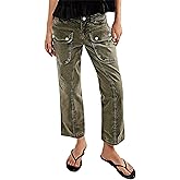 Flamingals Straight Leg Pants for Women Mid Rise Casual Cargo Slim Flap Pockets Solid Cropped Pants