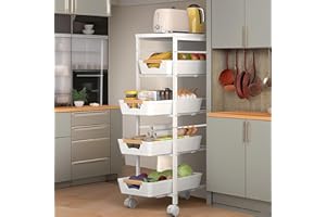 5-Tier Rolling Utility Cart With 4 Drawers,Fruit Basket Vegetable Cart With Wheels,Modern Narrow Kitchen Storage Organizer Fr