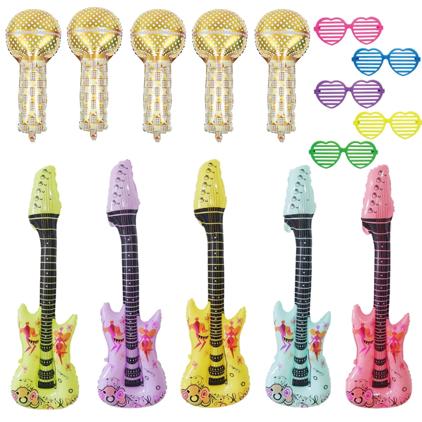 15 PCS Inflatable Party Props Party Props for Kids Adults Party Decoration, Party Decoration Balloon with Colored Glasses(5 PCS Inflatable Guitar, 5 PCS Inflatable Microphone, 5 Glasses)