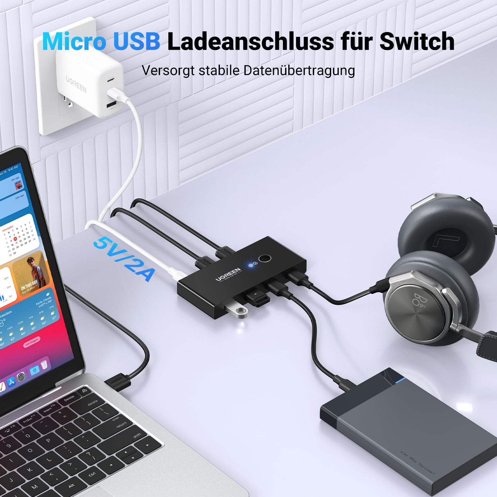 UGREEN 4 Ports USB Switch für 2 PC 2 in 4 Out USB Umschalter für Maus, Tastatur, Scanner, Drucker, Stick, Festplatte kompatibel mit Windows, Mac OS 8.6 und höher, 2 USB Kabel 6