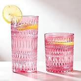 Loivttvv Glassware Drinking Glasses Set of 8, 14 oz Highball Glasses & 10 oz Ribbed Glass Cups, Vintage Glassware for Water, Juice, Cocktail, Whiskey (Pink)