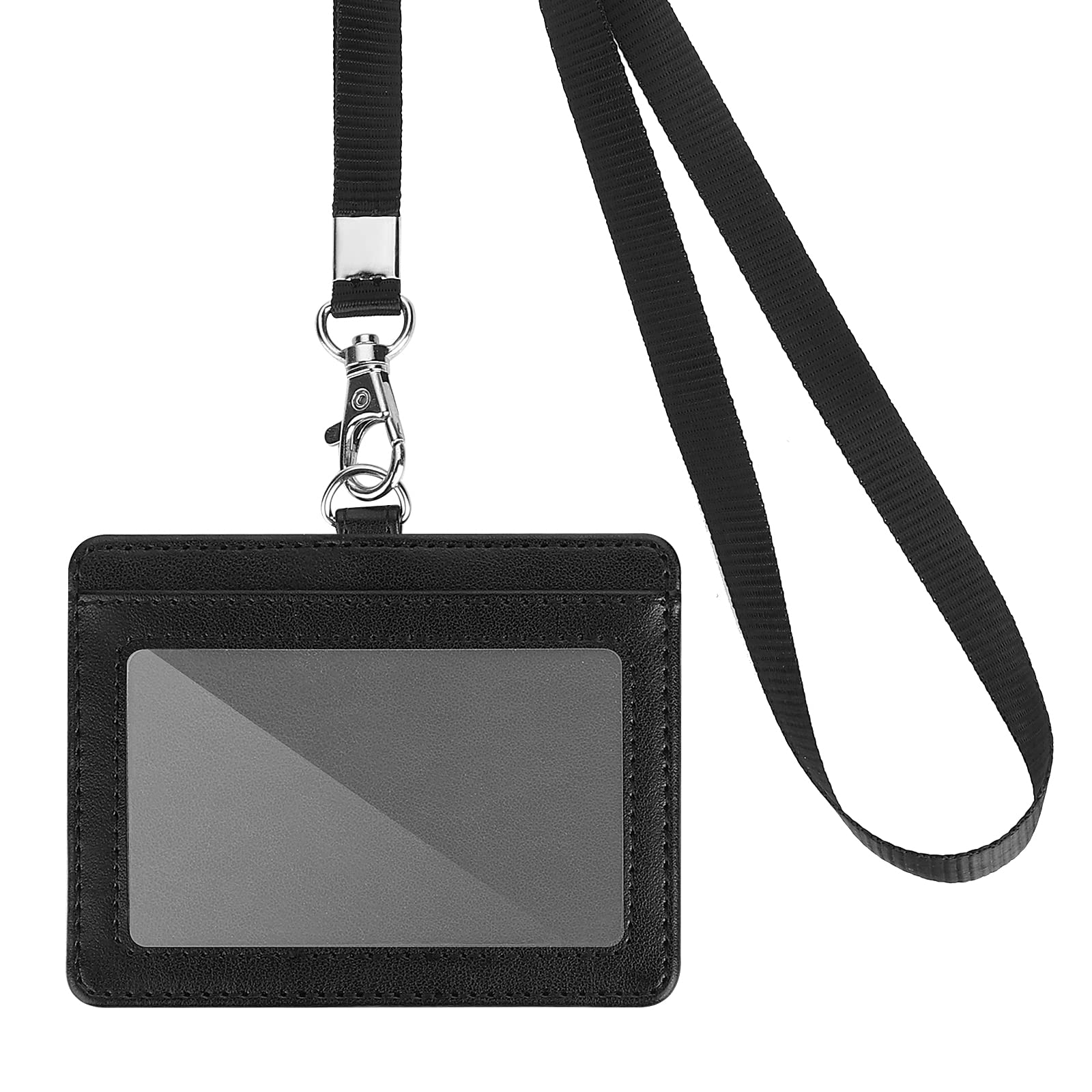 Cobee PU Leather ID Badge Card Holder with Lanyard, 2 Card Slot ID Badge Holder with Detachable Neck Lanyard Clear ID Window Card Holder for Teacher Nurse Employees School Office Supplies (Horizontal)